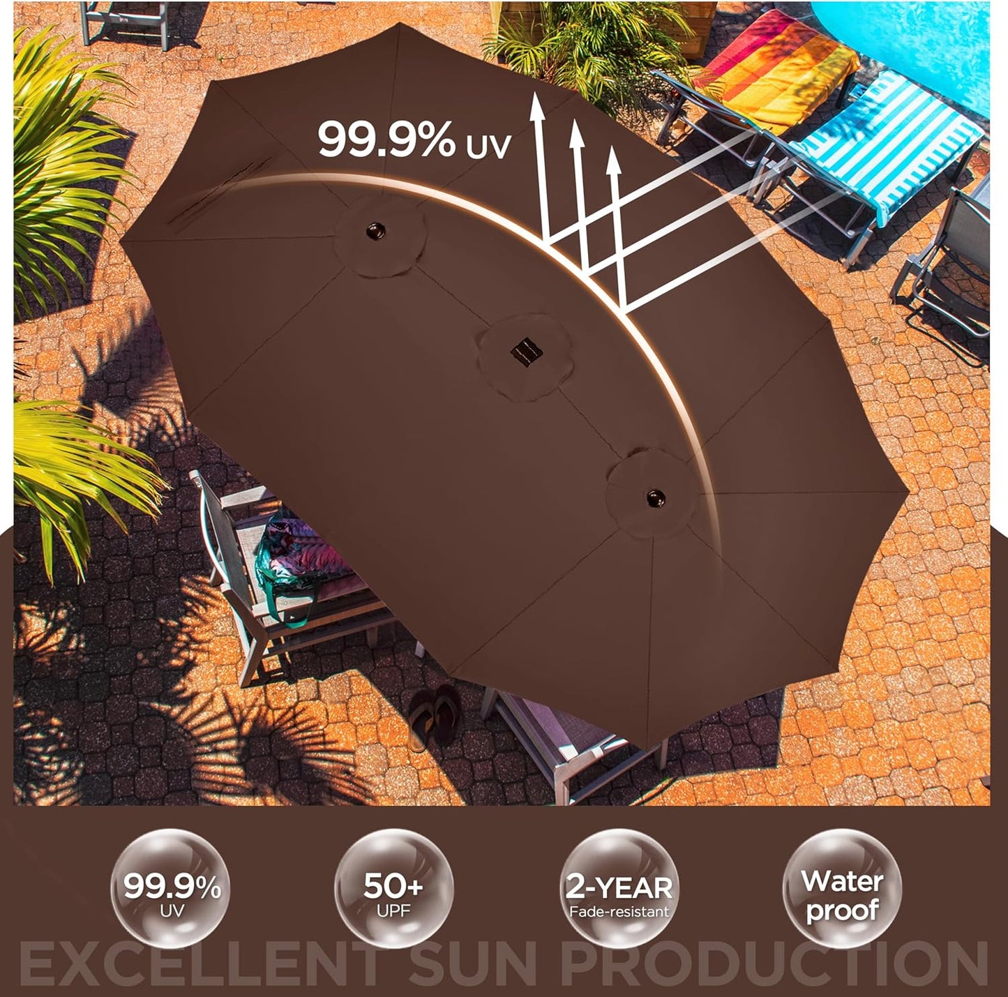 15 ft Large Patio Umbrella with Solar Lights Double-Sided Outdoor Rectangle Market Umbrellas with 36 LED Lights/Base Included/Easy Crank for Patio Garden Yard Pool Lawn, Brown