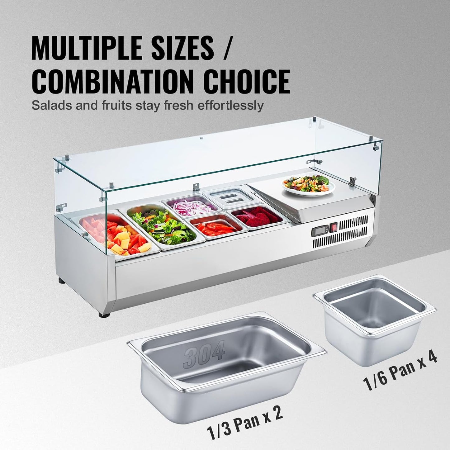 Refrigerated Condiment Prep Station, 135 W Countertop Refrigerated Condiment Station, with 2 1/3 Pans & 4 1/6 Pans, 304 Stainless Body and PC Lid, Sandwich Prep Table with Stainless Guard, ETL