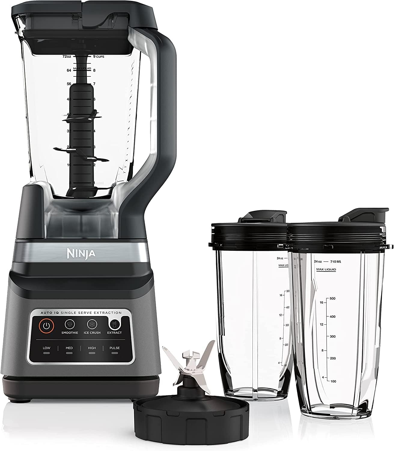 BN801 Professional Plus Kitchen System, 1400 WP, 5 Functions for Smoothies, Chopping, Dough & More with Auto IQ, 72-oz.* Blender Pitcher, 64-oz. Processor Bowl, (2) 24-oz. To-Go Cups, Grey