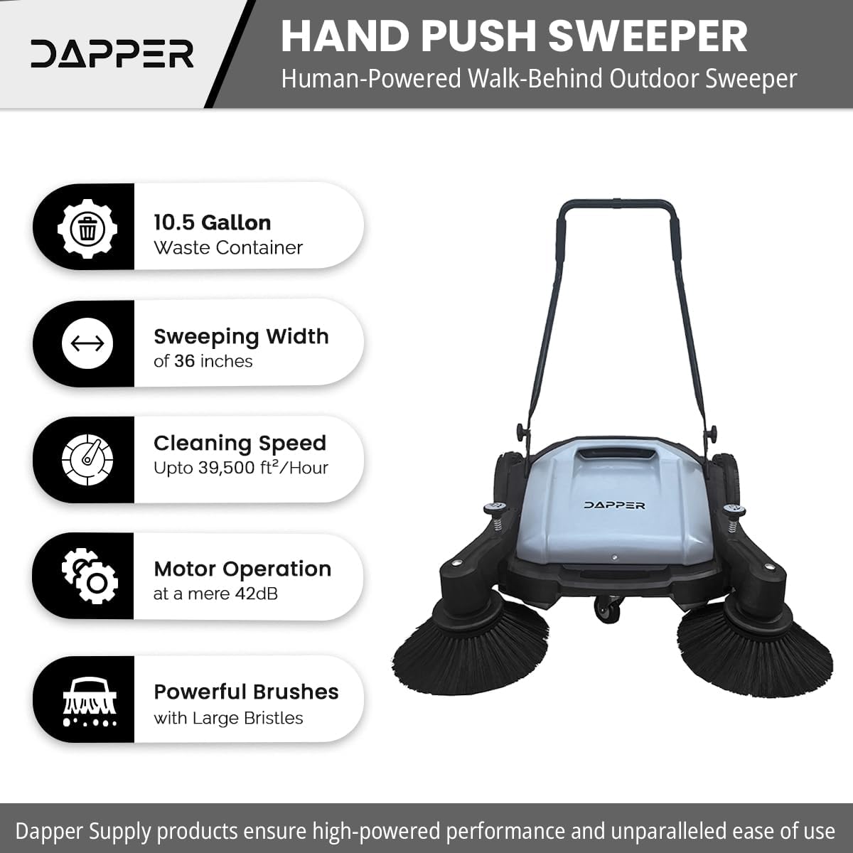 Walk-Behind Outdoor Hand Push Floor Sweeper - 5.25 Gallon Capacity - 25.5" Sweeping Width - Sweeps up to 27,900 ft² / Hour, Grey