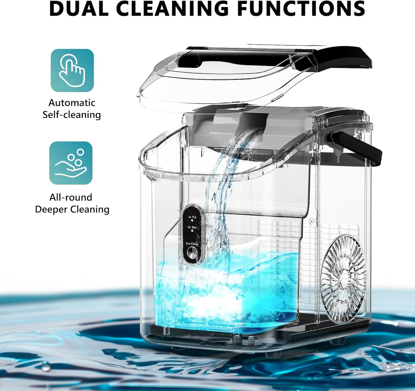 Nugget Ice Maker Countertop with Handle, Ready in 6 Mins, 34lbs Per Day, Removable Top Cover, Auto-Cleaning, Portable Sonic Ice Maker with Basket and Scoop, for Home/Party/RV/Camping (Black)