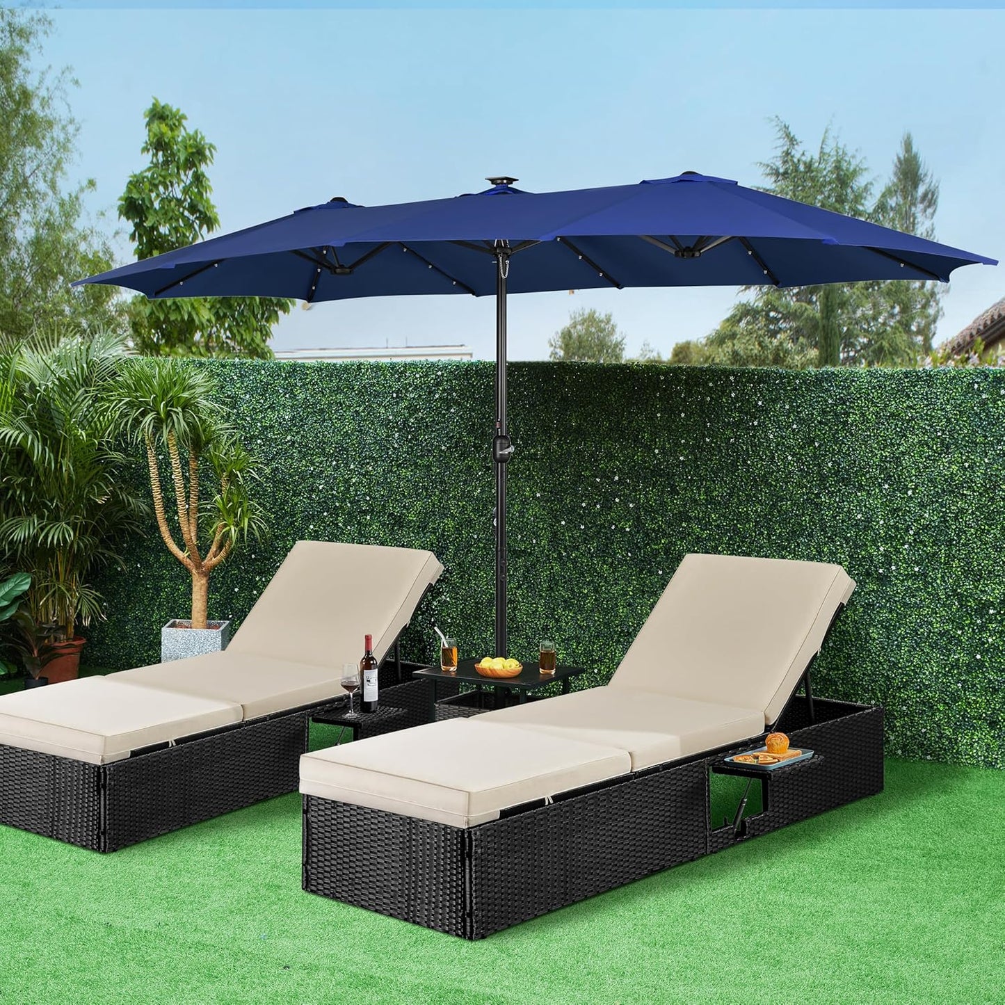 15 ft Large Patio Umbrella with Solar Lights Double-Sided Outdoor Rectangle Market Umbrellas with 36 LED Lights/Base Included/Easy Crank for Patio Garden Yard Pool Lawn, Brown