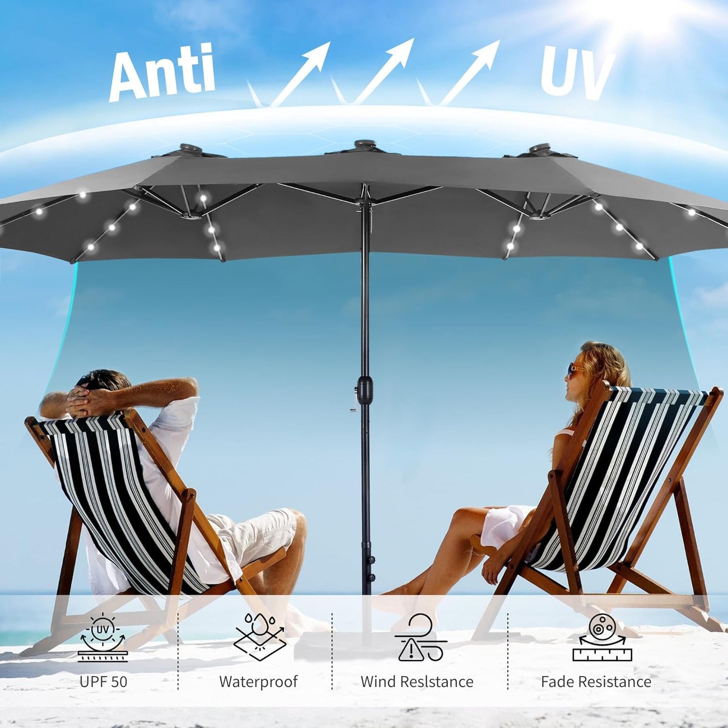 15ft Double Sided Patio Umbrella with Solar Lights, Outdoor Large Umbrellas with Crank Handle and 36 LED Lights, Rectangular Market Umbrella with Base Included for Deck Pool Shade