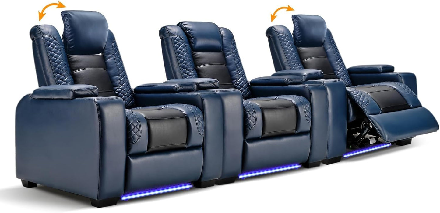 Power Home Theater Seating Set of 3, Brown Faux Leather Electric Recliner Chair with Powered Headrest, Dual Motors Movie Reclining Chairs with LED Lights,USB Port,Cup Holders, Hidden Arm Storage