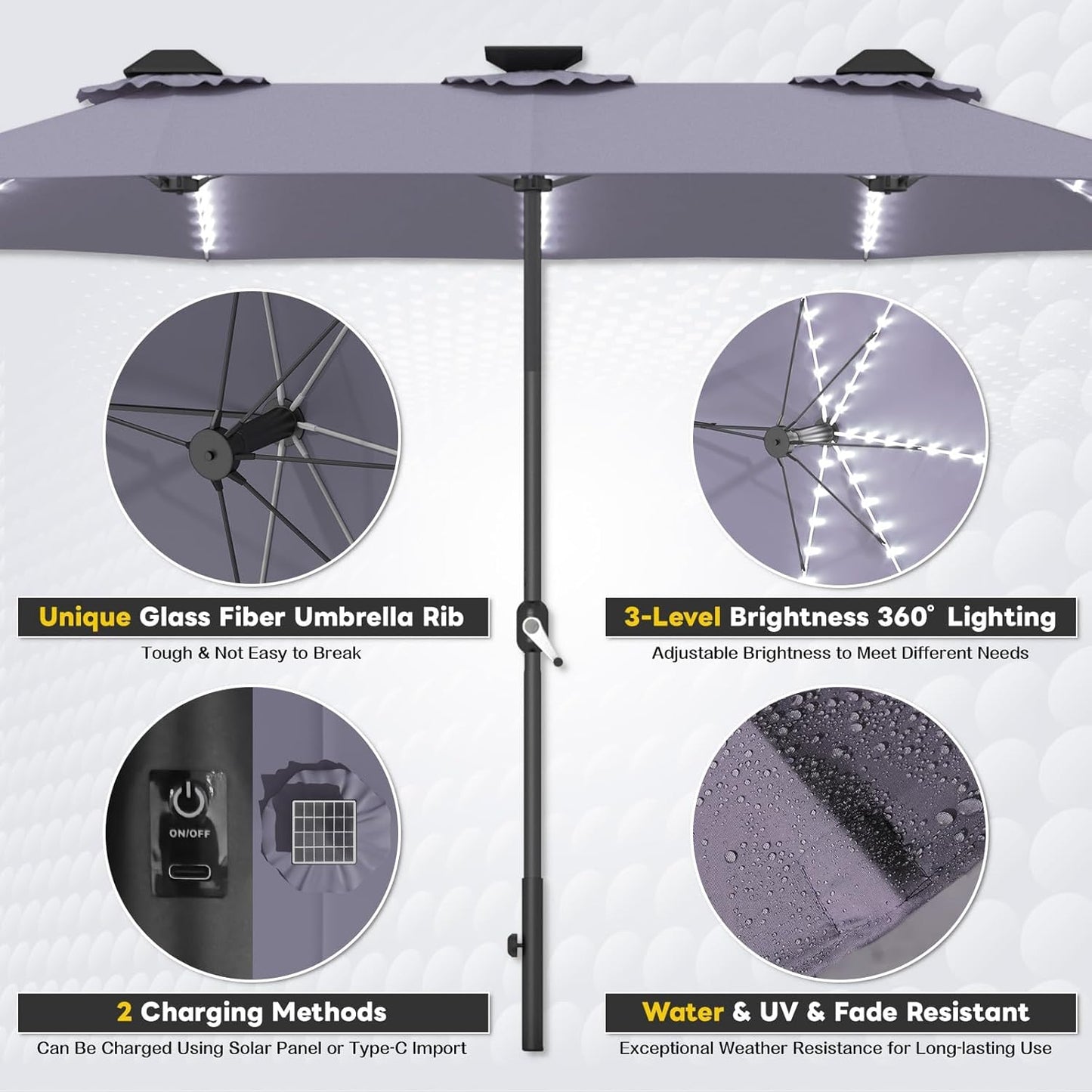 15ft Patio Umbrella with Solar Lights, Large Double Umbrella Outdoor, Rectangle 180''x106'' Umbrellas with 156 PCS LED Lights and Crank Handle for Backyard Deck Pool Shade in Black(1.9" Pole)
