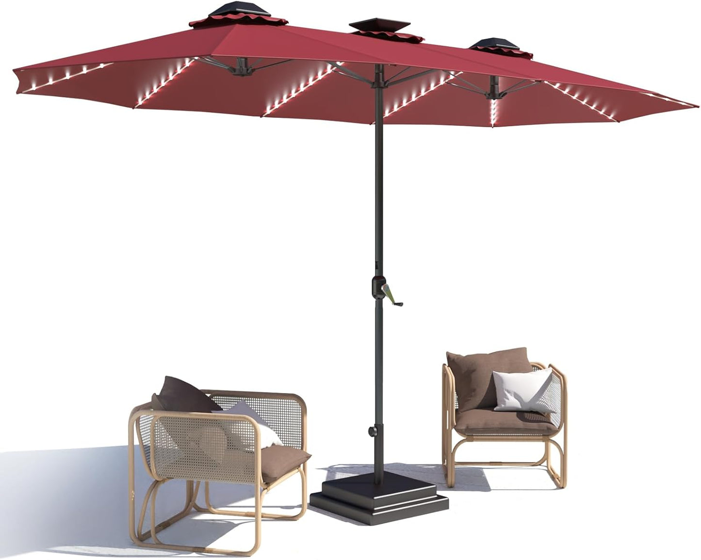 15ft Patio Umbrella with Solar Lights, Large Double Umbrella Outdoor, Rectangle 180''x106'' Umbrellas with 156 PCS LED Lights and Crank Handle for Backyard Deck Pool Shade in Black(1.9" Pole)