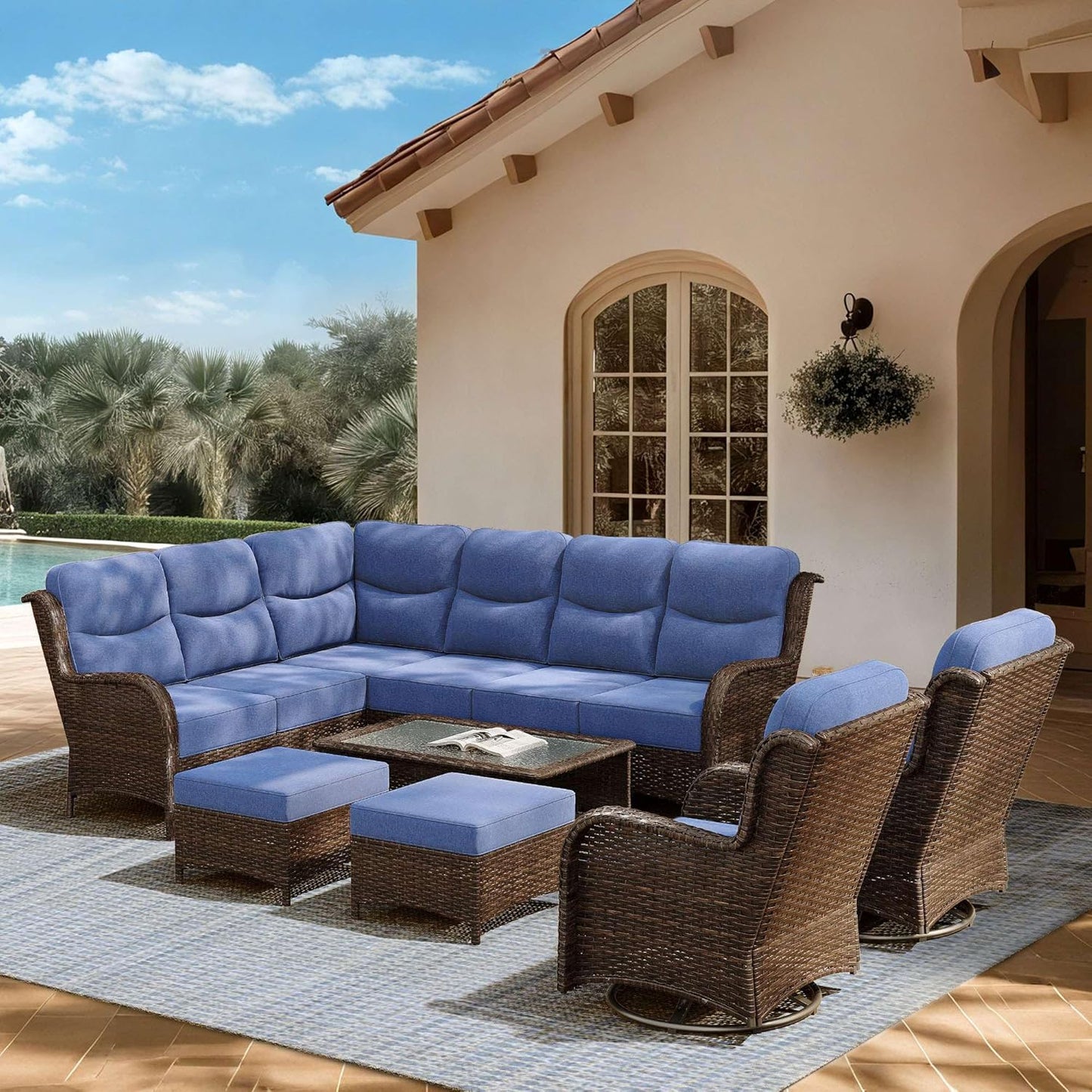 Outdoor Swivel Rocker Patio Chairs with 6-Inch Thick Cushions and Side Table, 3PCS High Back Wicker Patio Furniture Set for Porch, Balcony, Deck and Yard in Blue