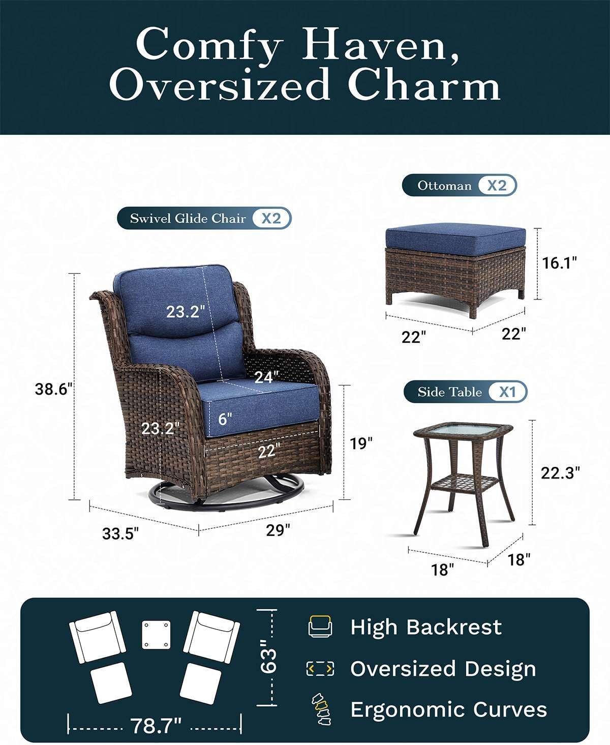 Outdoor Swivel Rocker Patio Chairs with 6-Inch Thick Cushions and Side Table, 3PCS High Back Wicker Patio Furniture Set for Porch, Balcony, Deck and Yard in Blue