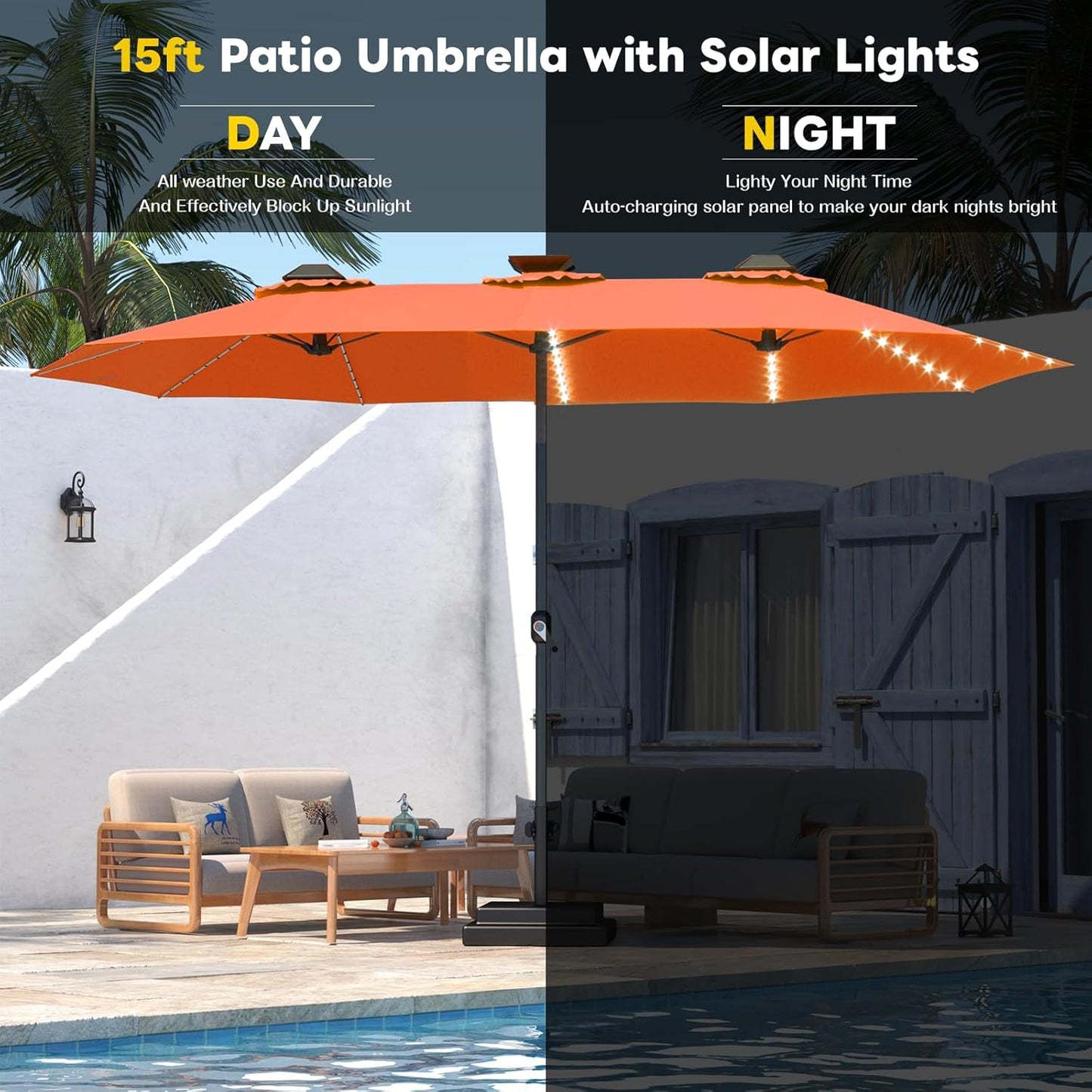15ft Patio Umbrella with Solar Lights, Large Double Umbrella Outdoor, Rectangle 180''x106'' Umbrellas with 156 PCS LED Lights and Crank Handle for Backyard Deck Pool Shade in Black(1.9" Pole)