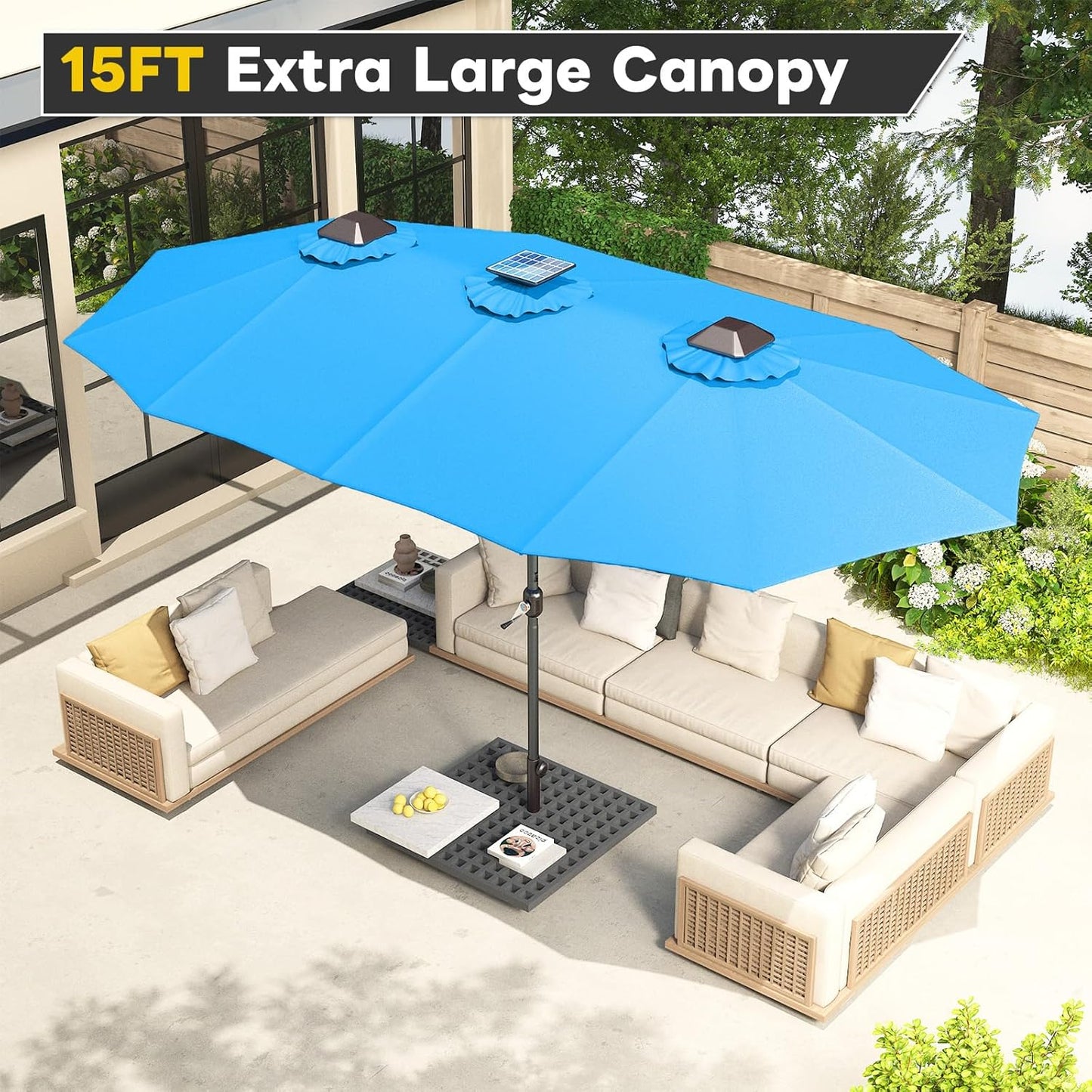 15ft Patio Umbrella with Solar Lights, Large Double Umbrella Outdoor, Rectangle 180''x106'' Umbrellas with 156 PCS LED Lights and Crank Handle for Backyard Deck Pool Shade in Black(1.9" Pole)