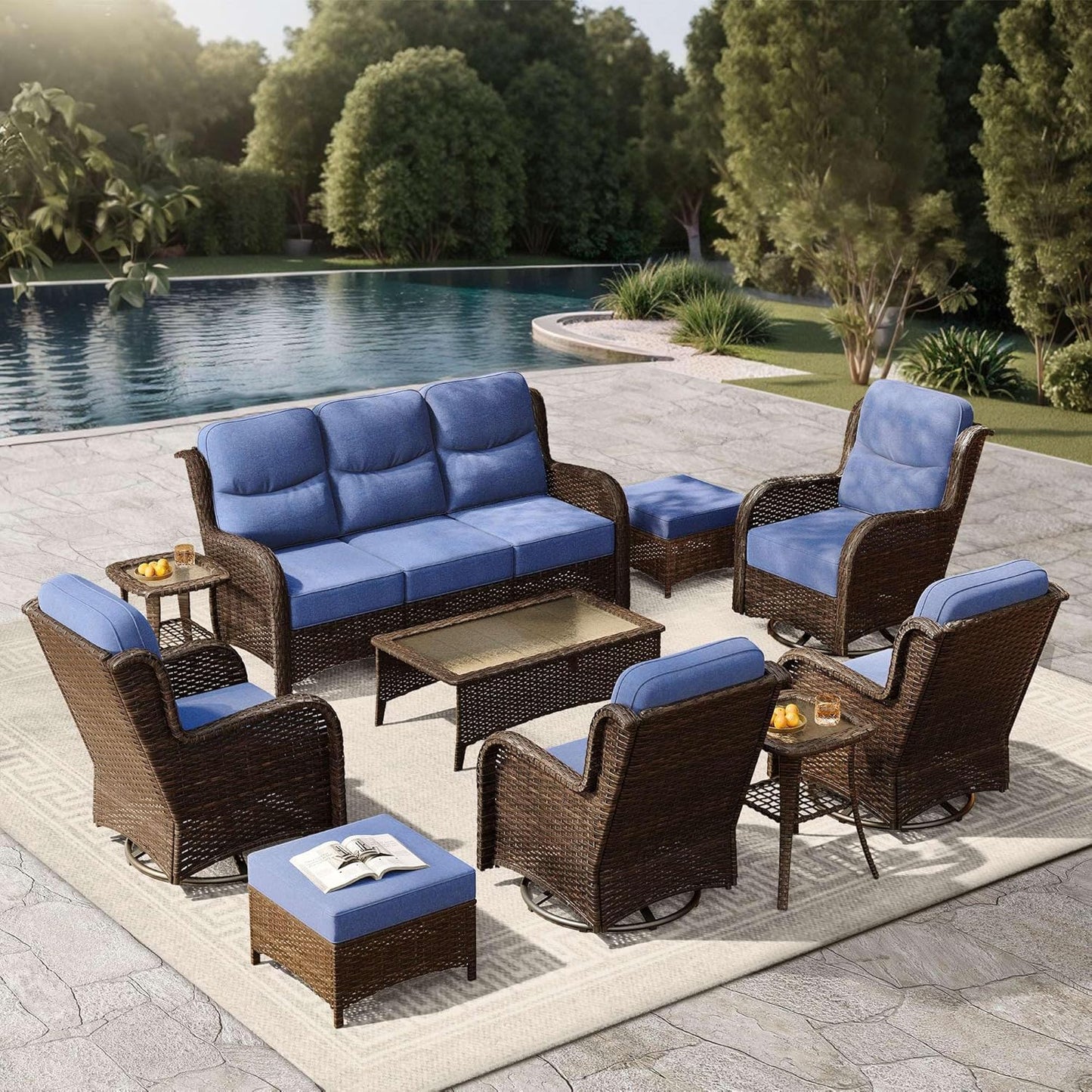 Outdoor Swivel Rocker Patio Chairs with 6-Inch Thick Cushions and Side Table, 3PCS High Back Wicker Patio Furniture Set for Porch, Balcony, Deck and Yard in Blue