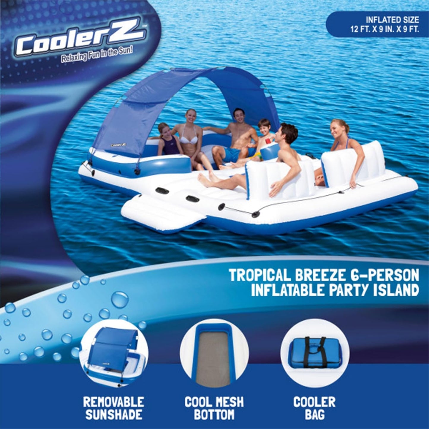 Tropical Breeze 6 Person Inflatable Party Island Large Relaxing Water Float with Detachable Sunshade and Cooler Bag