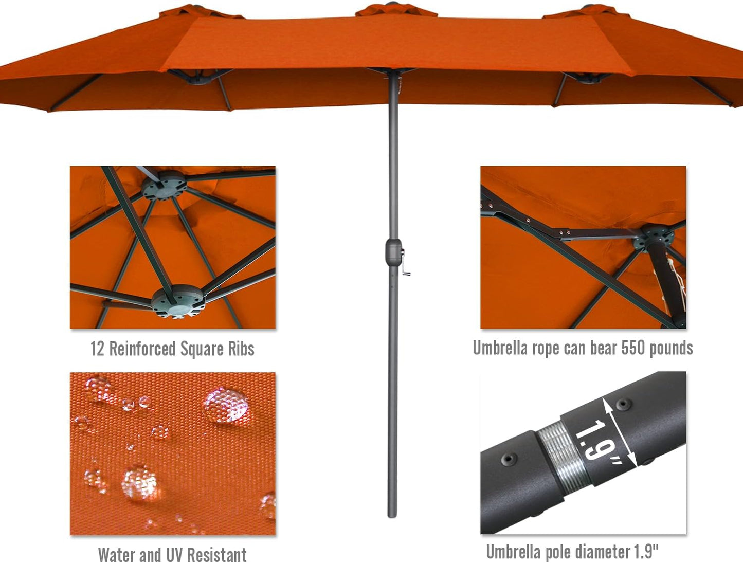 15ft Patio Umbrella with Solar Lights, Large Double Umbrella Outdoor, Rectangle 180''x106'' Umbrellas with 156 PCS LED Lights and Crank Handle for Backyard Deck Pool Shade in Black(1.9" Pole)