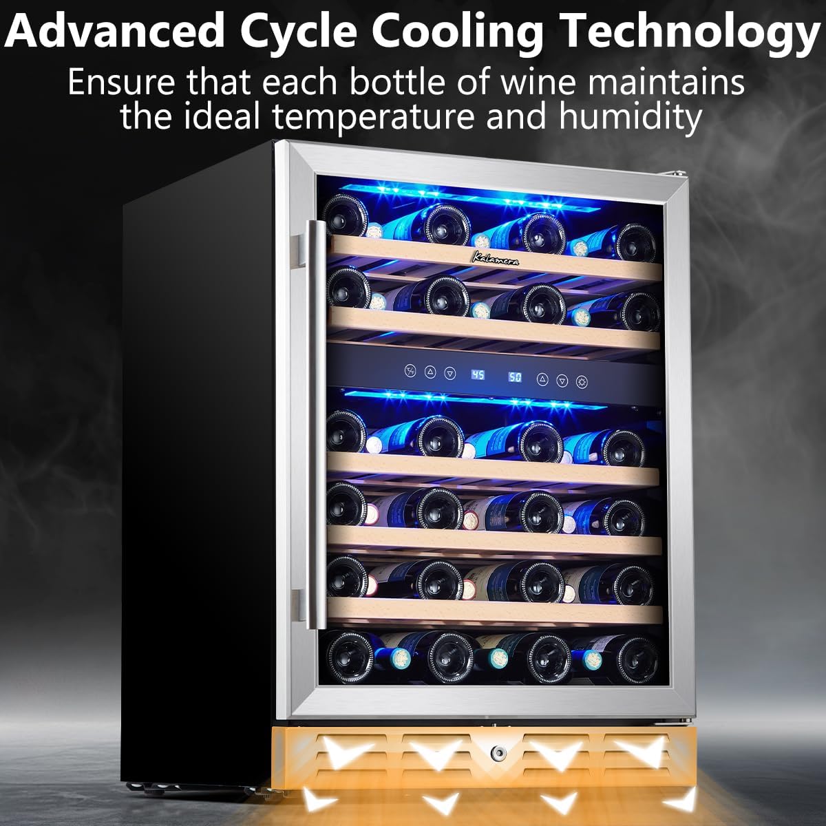 24 inch Wine Cooler, 46 Bottle - Dual Zone Built-in or Freestanding Fridge with Stainless Steel Reversible Glass Door, for Home, Kitchen, or Office.