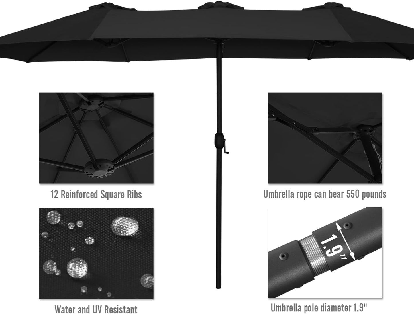 15ft Patio Umbrella with Solar Lights, Large Double Umbrella Outdoor, Rectangle 180''x106'' Umbrellas with 156 PCS LED Lights and Crank Handle for Backyard Deck Pool Shade in Black(1.9" Pole)