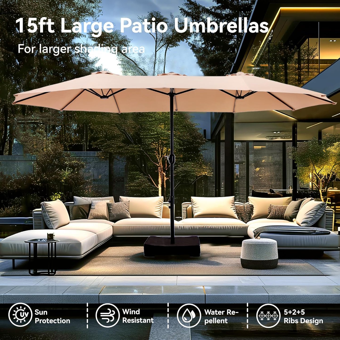 15ft Patio Umbrella Double-Sided Outdoor Market Extra Large Umbrella with Crank, Umbrella Base Included (Dark Red)