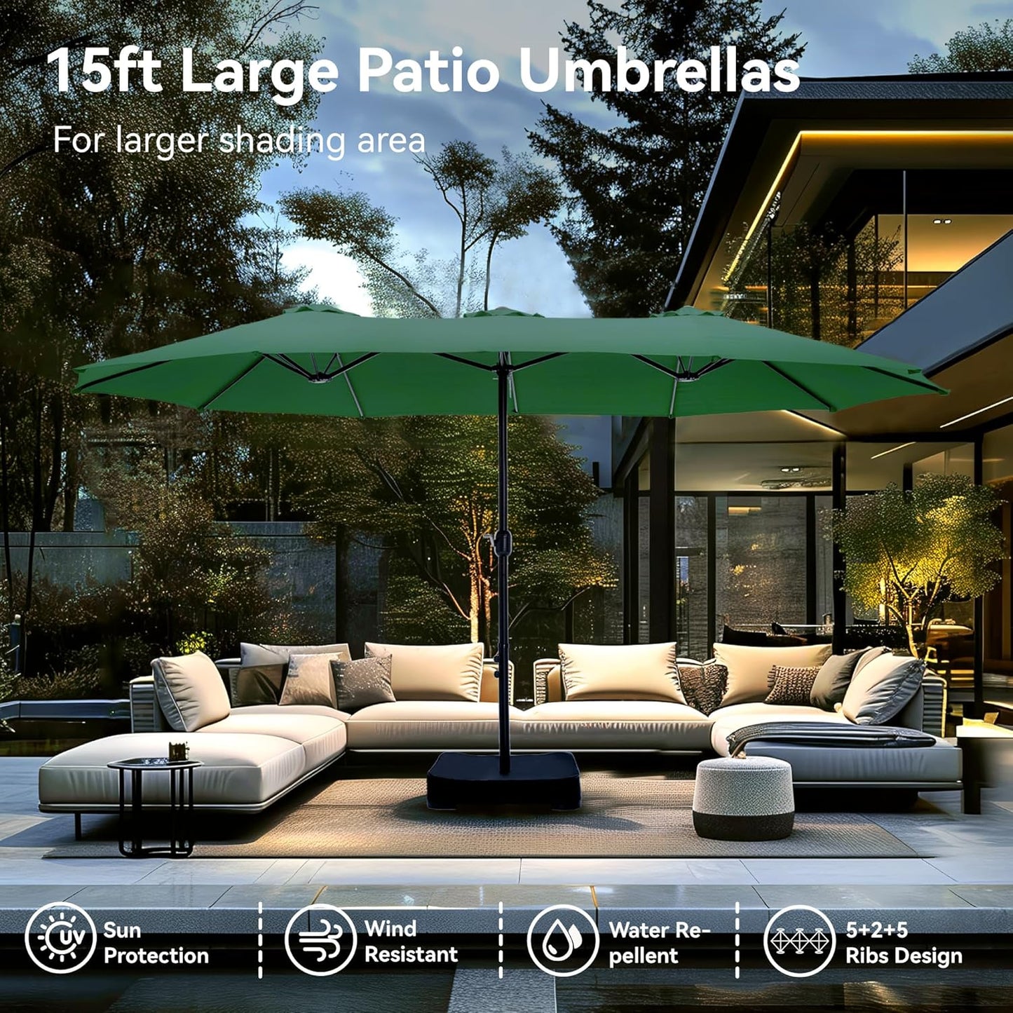 15ft Patio Umbrella Double-Sided Outdoor Market Extra Large Umbrella with Crank, Umbrella Base Included (Dark Red)