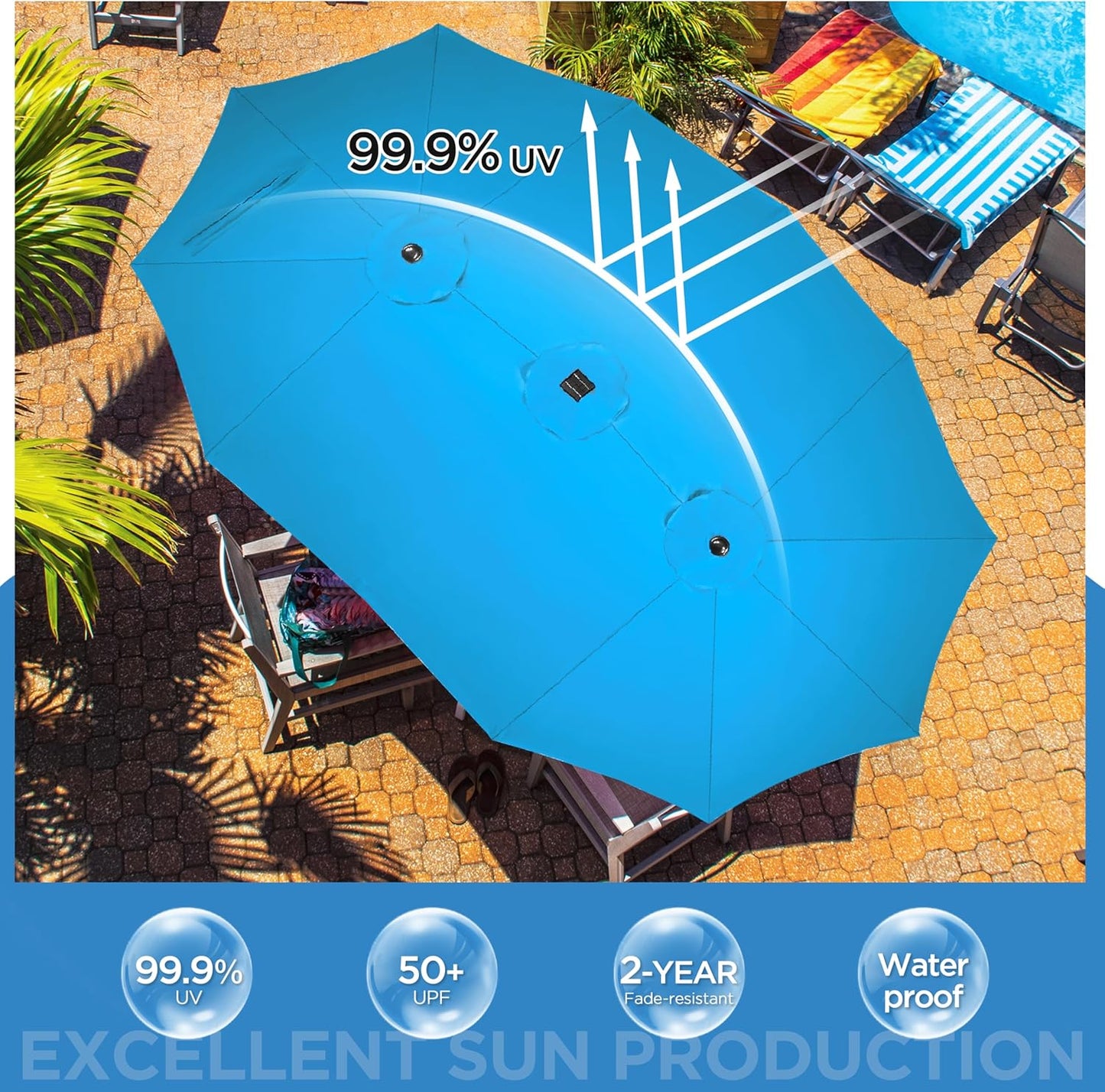 15 ft Large Patio Umbrella with Solar Lights Double-Sided Outdoor Rectangle Market Umbrellas with 36 LED Lights/Base Included/Easy Crank for Patio Garden Yard Pool Lawn, Brown