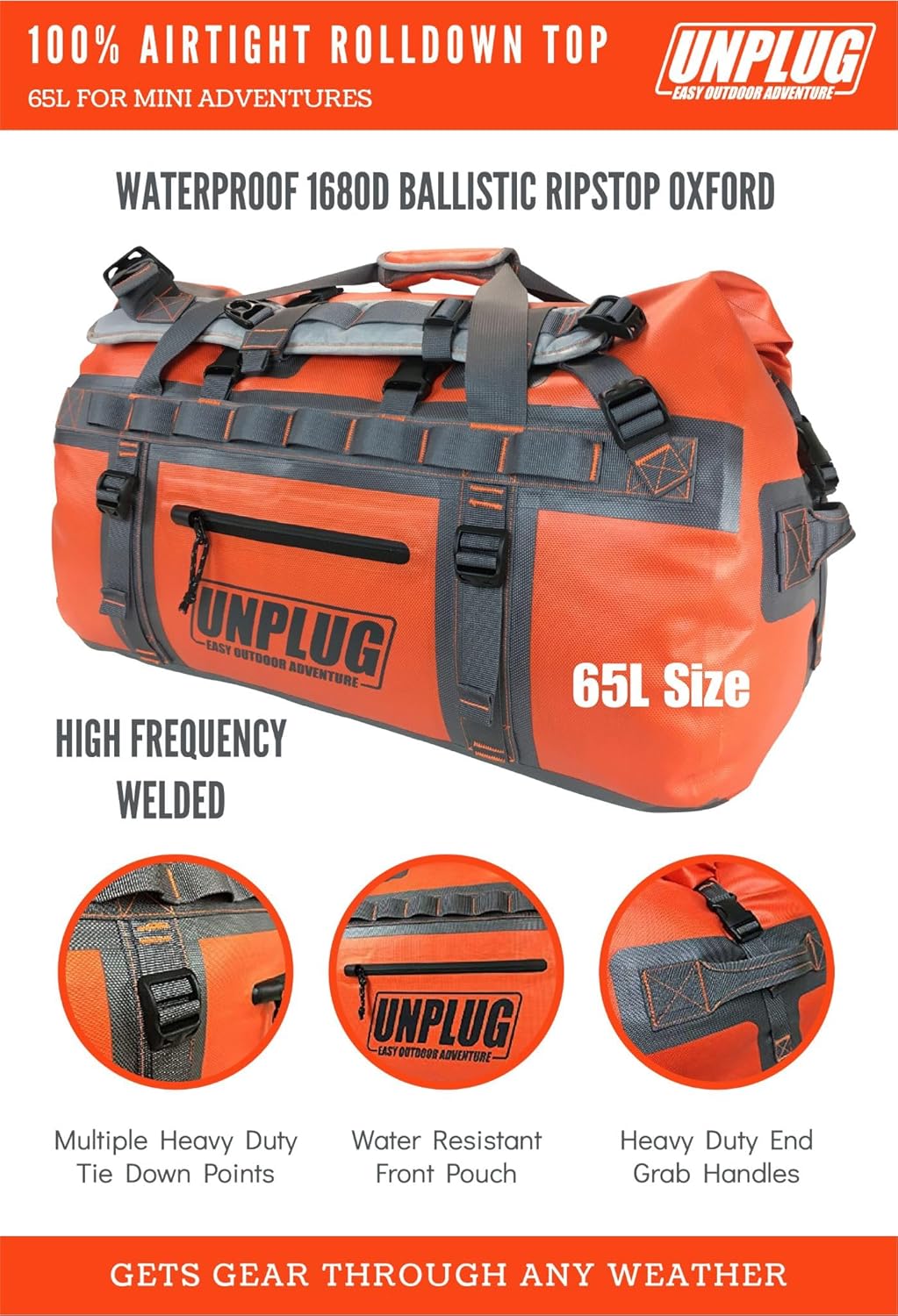 UNPLUG Ultimate Adventure Bag -1680D Heavy Duty Waterproof Travel Duffel Bags for Camping, Motorcycle Dry Bag, Waterproof Bags for Boating, Waterproof Duffle Backpack,Tactical Duffle Bag